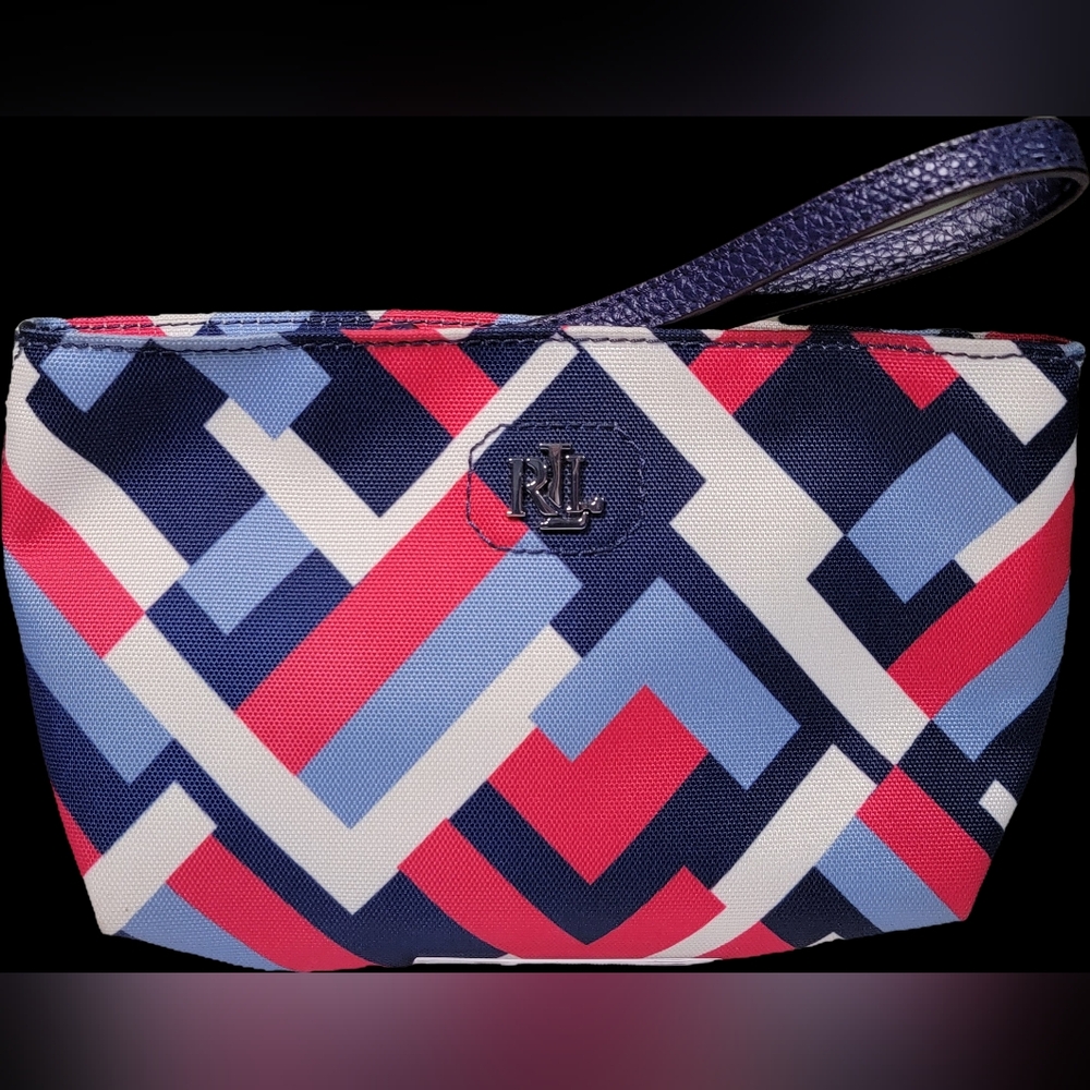Ralph Lauren Navy, Pink & Light Blue Geometric Wristlet Cosmetic Bag.